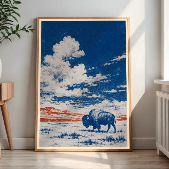 Bison Art Print Textured Buffalo Wall Mountain Landscape Rustic Wildlife Decor