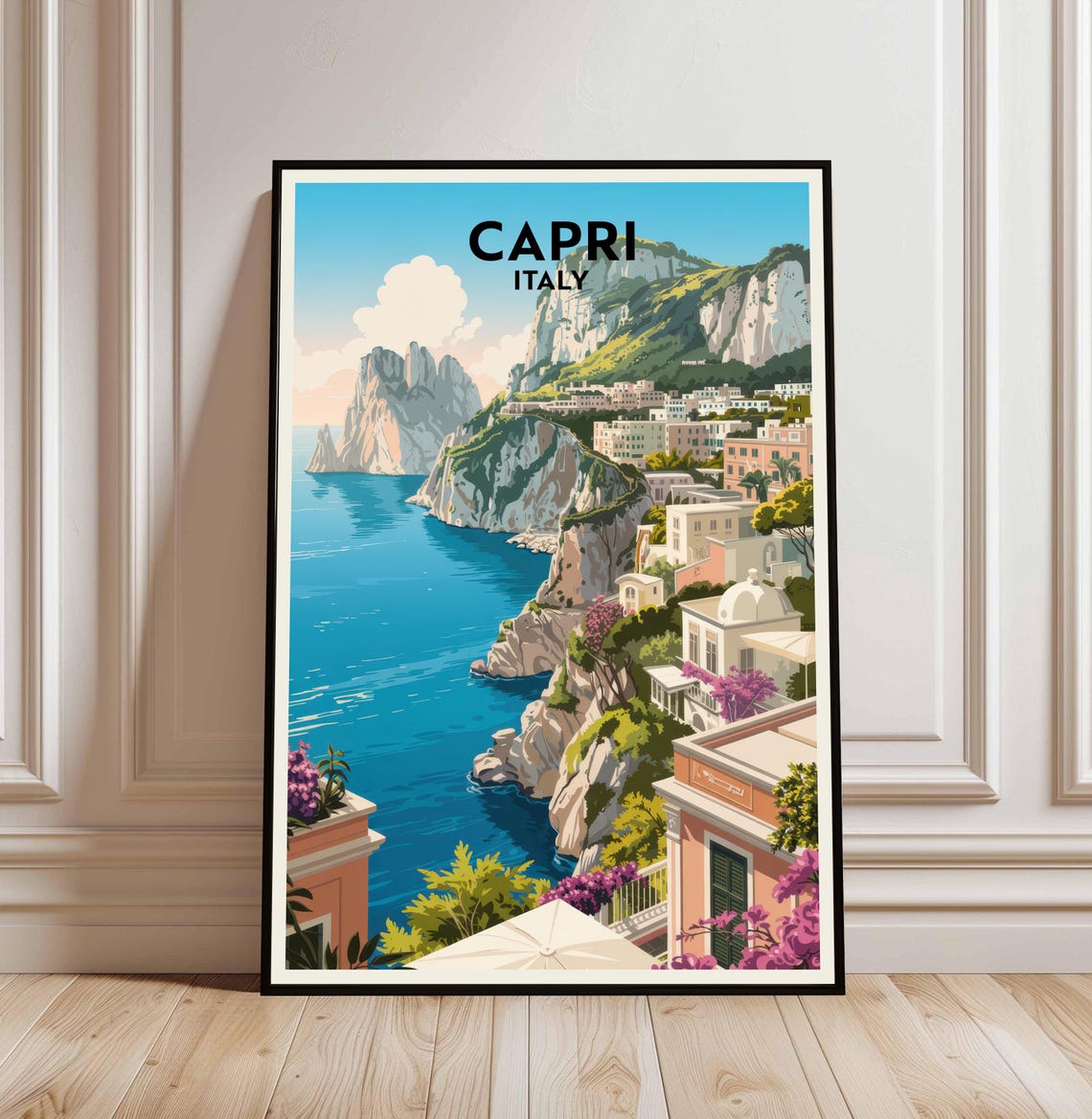 Capri Italy Travel Poster With Faraglioni Cliffs And Seaside Town