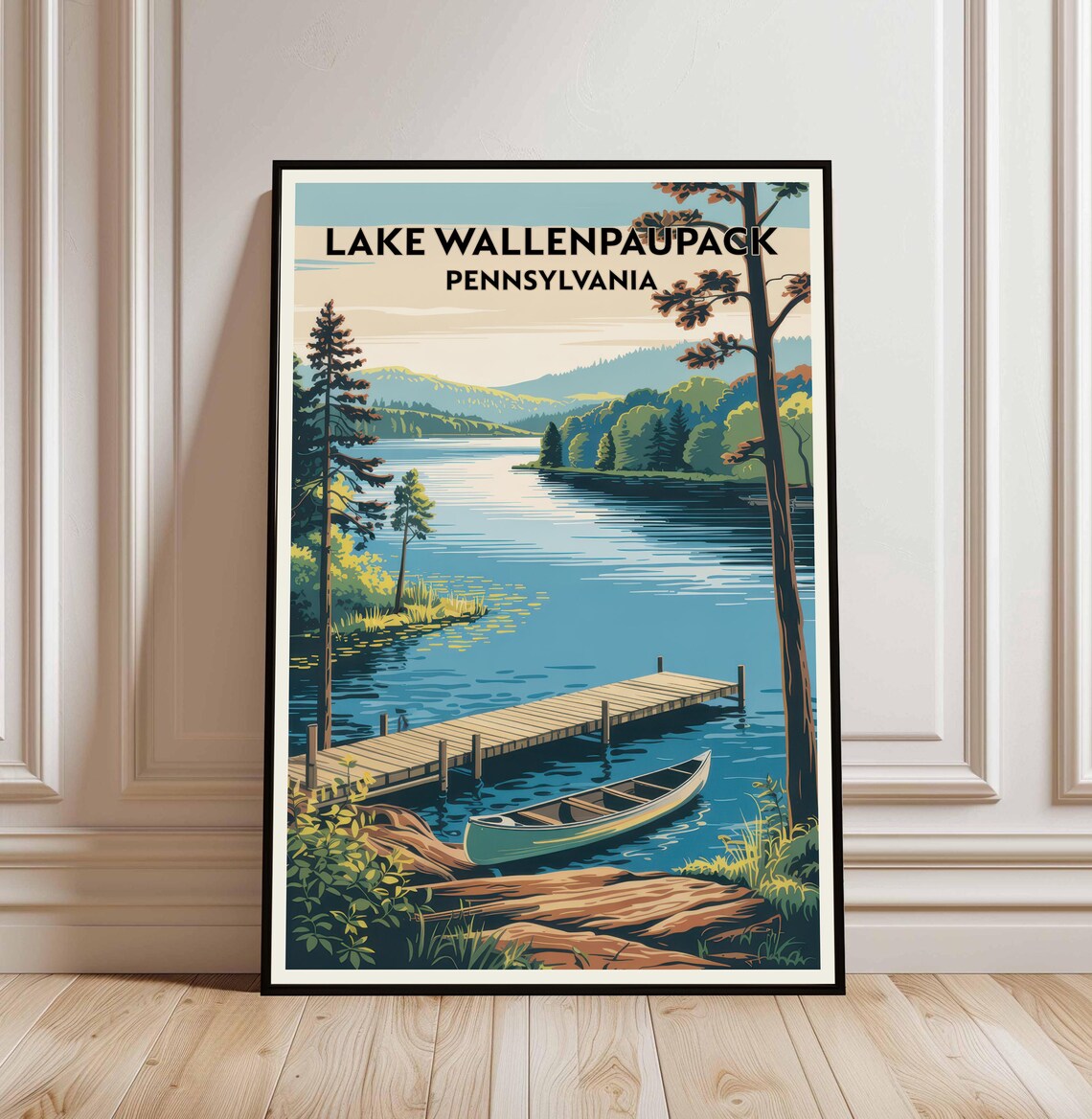 Lake Wallenpaupack Pennsylvania Canoe Dock Pines Vintage Travel Poster