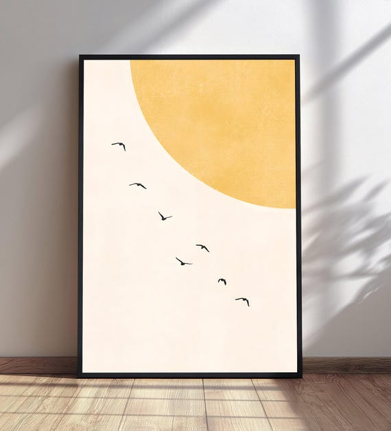 Minimalist Sun And Birds Print Boho Wall Art Abstract Landscape Poster Modern Nature Decor