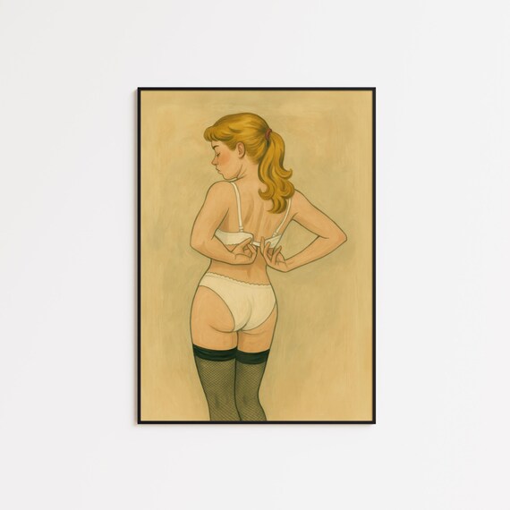 Vintage Style Girl In Lingerie Poster Feminine Sensual Illustration Wall Art