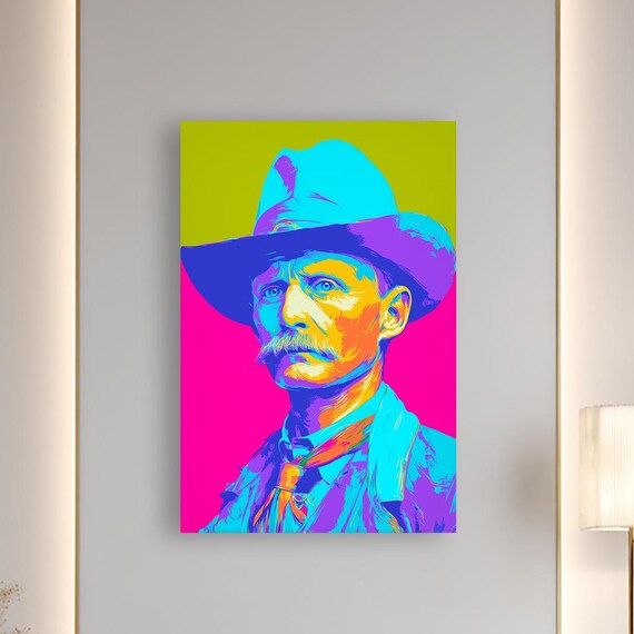 Neon Pop Art Cowboy Portrait Vibrant Western Mustache Bold Color Wall Art