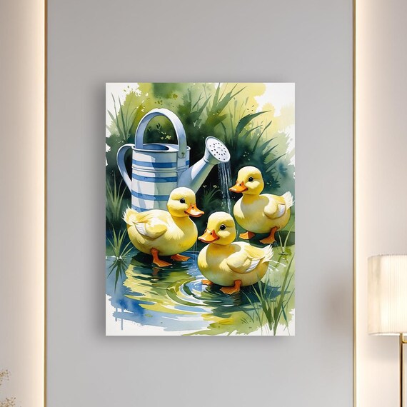 Three Yellow Ducklings with Watering Can Garden Watercolor Poster