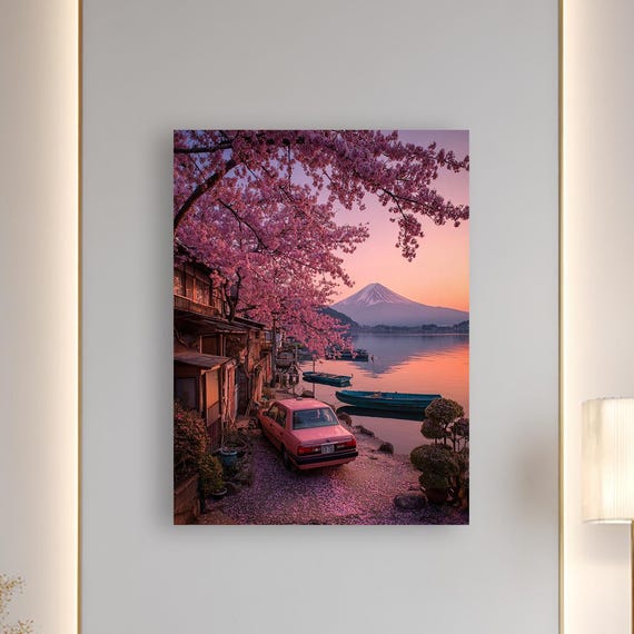 Cherry Blossom Serenity Mount Fuji Canvas Wall Art Japanese Sunset Lake Scene