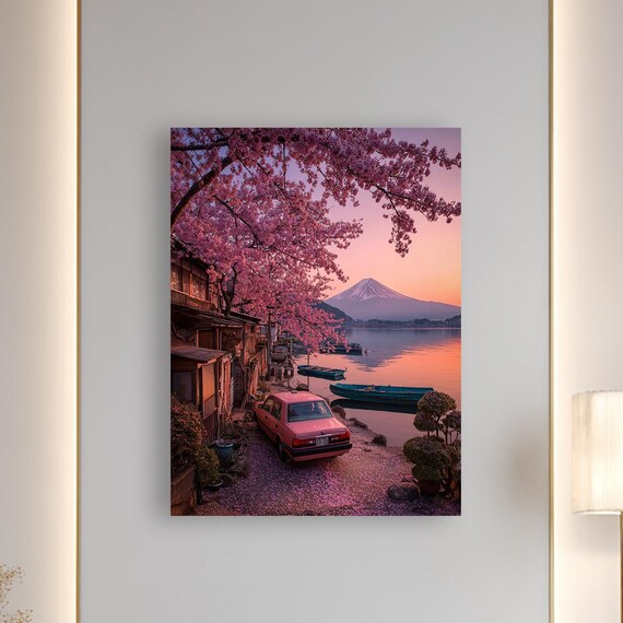 Cherry Blossom Sunset Over Mount Fuji Lake Serene Japan Scene Poster