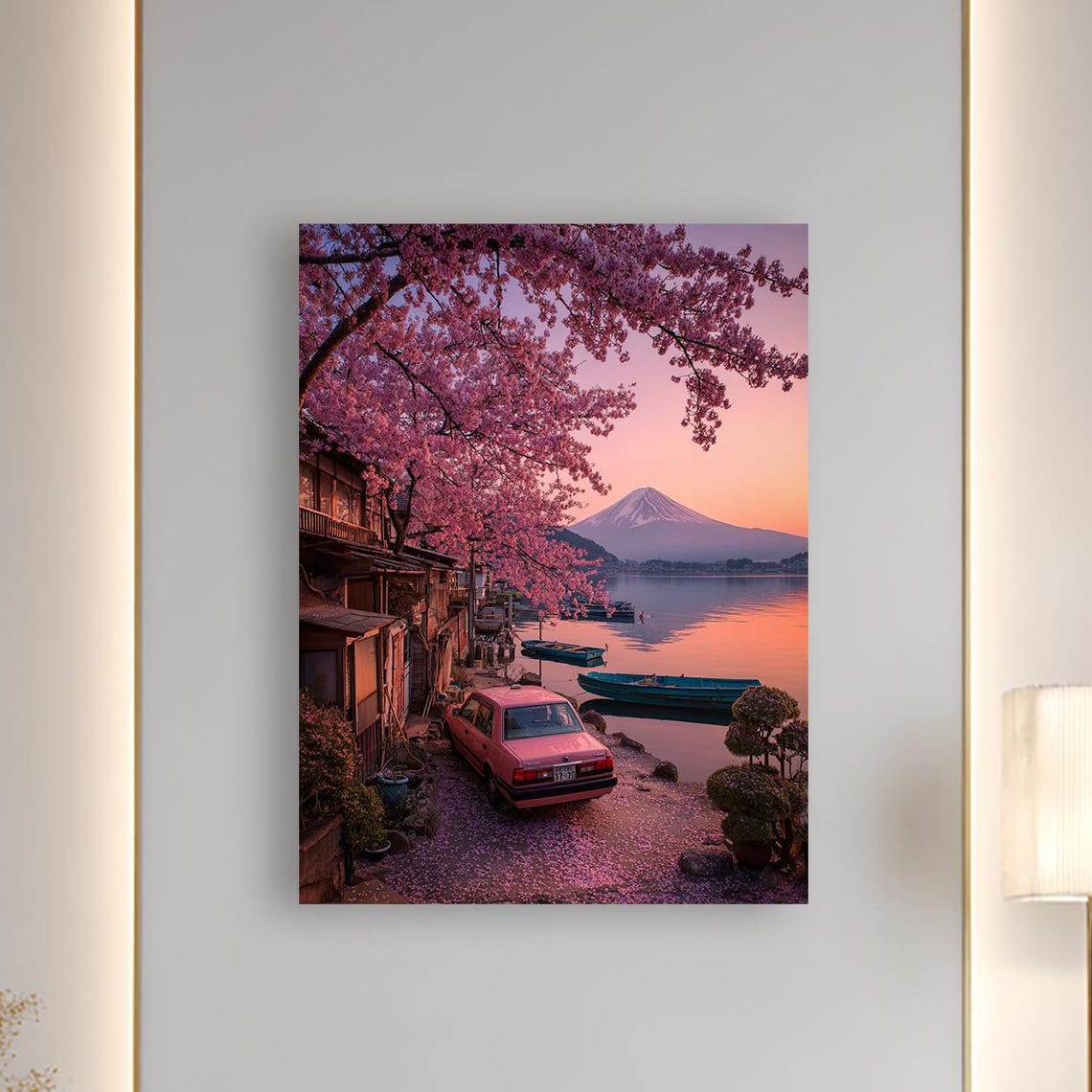 Cherry Blossom Serenity Mount Fuji Canvas Wall Art Japanese Sunset Lake Scene
