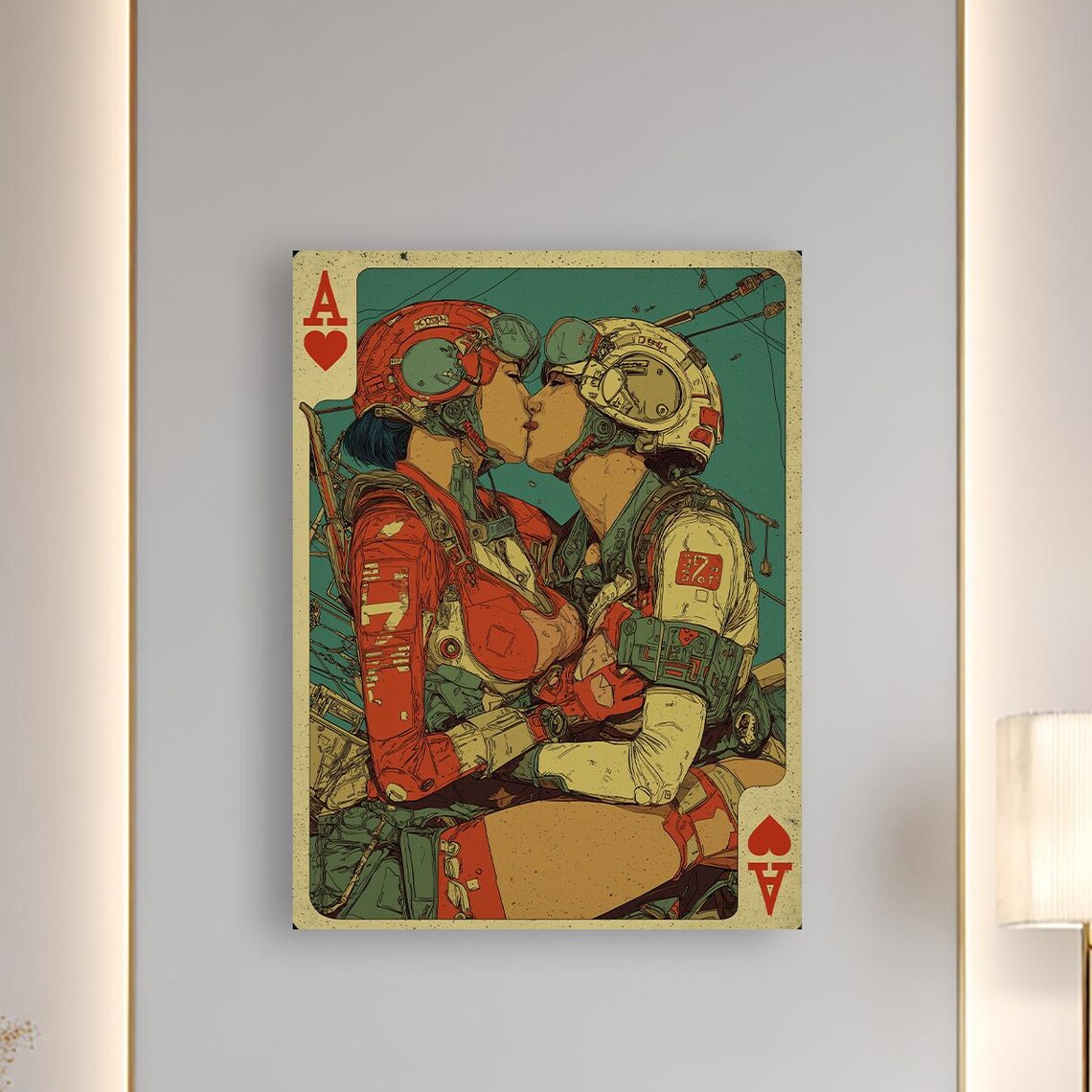 Ace of Hearts Sci-Fi Pilots Kiss Retro Futuristic Playing Card Poster
