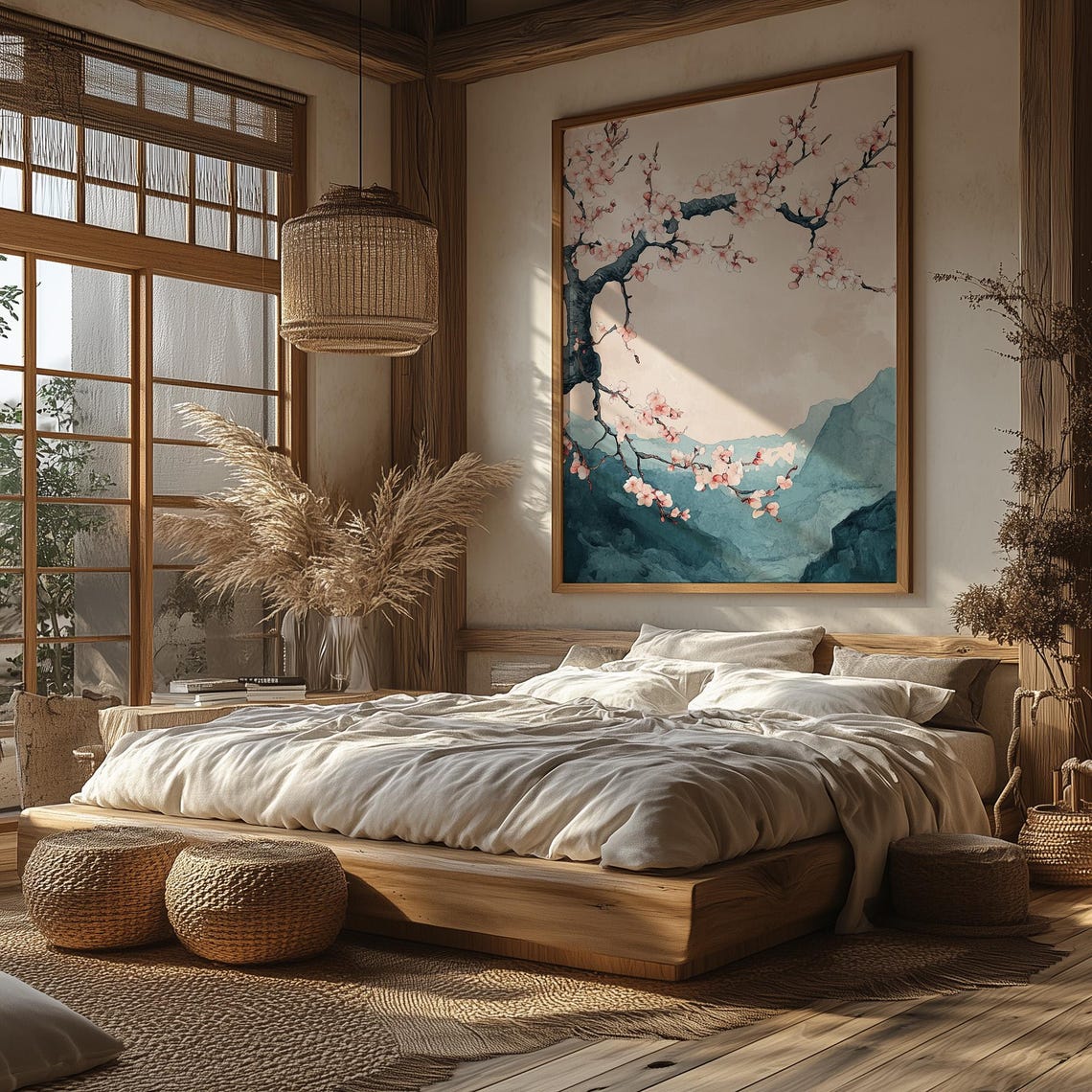 Japanese Watercolor Cherry Blossom Branch Over Teal Mountains Wall Art - Image 4