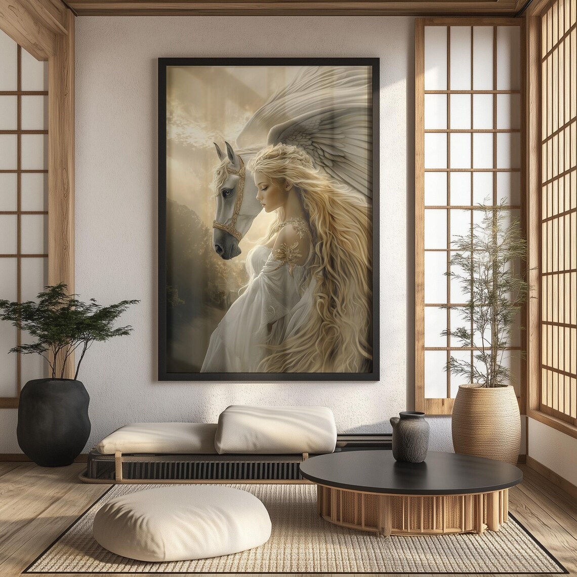 Pegasus Spirit Animal Goddess With White Winged Horse Fantasy Wall Art