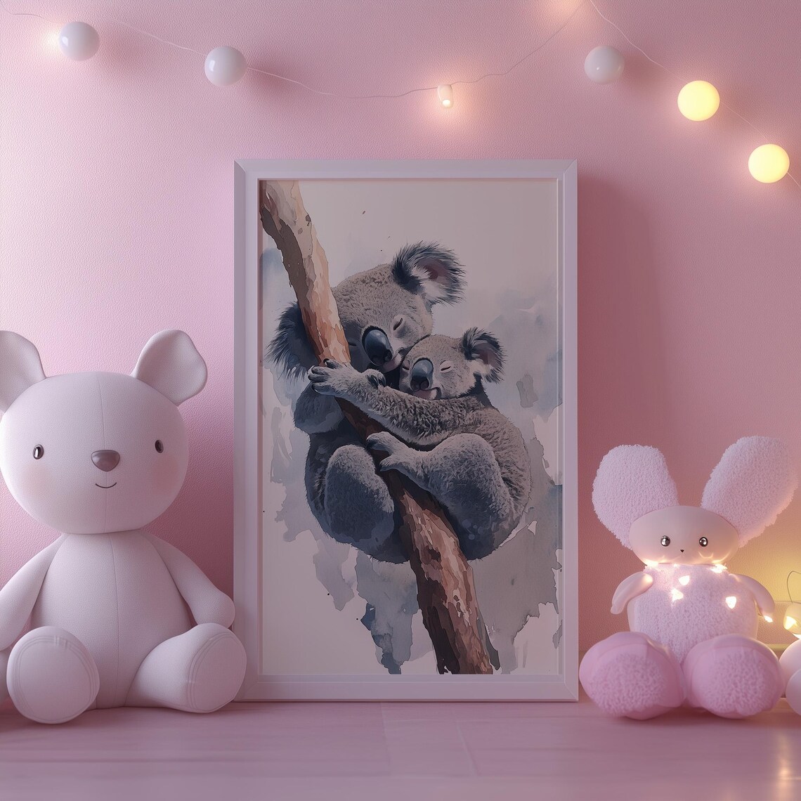 Mother And Baby Koala Hugging On Branch Watercolor Nursery Wall Art - Image 3