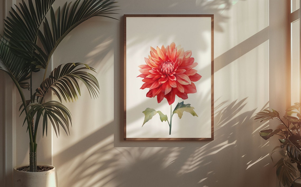 Bright Flame Dahlia Red Orange Watercolour Botanical Art Poster - Image 5