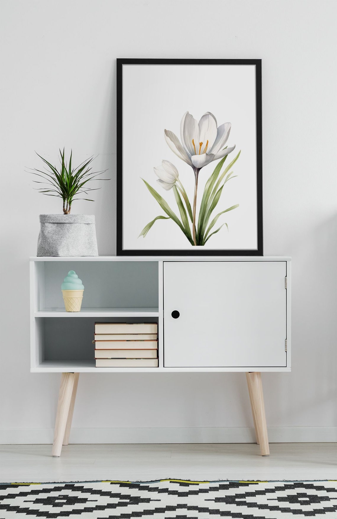 White Crocus Bloom With Bud Tender Serene Watercolor Art Poster - Image 9