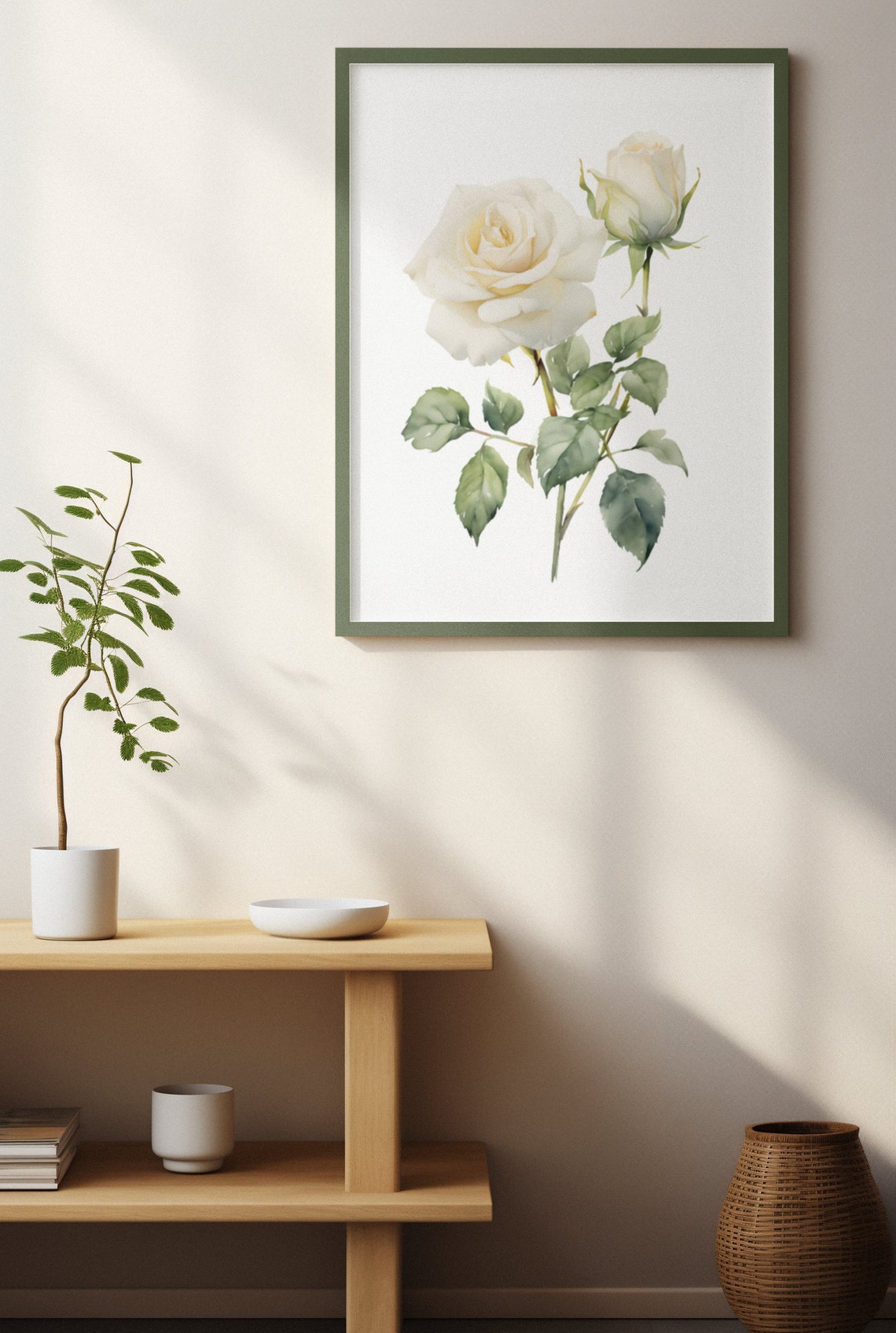 White Rose Bloom And Bud Graceful Watercolor Botanical Art Poster - Image 2