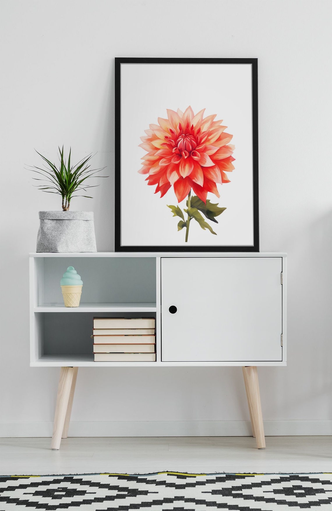 Crimson Red Dahlia Peach Highlight Watercolour Botanical Art Poster - Image 8