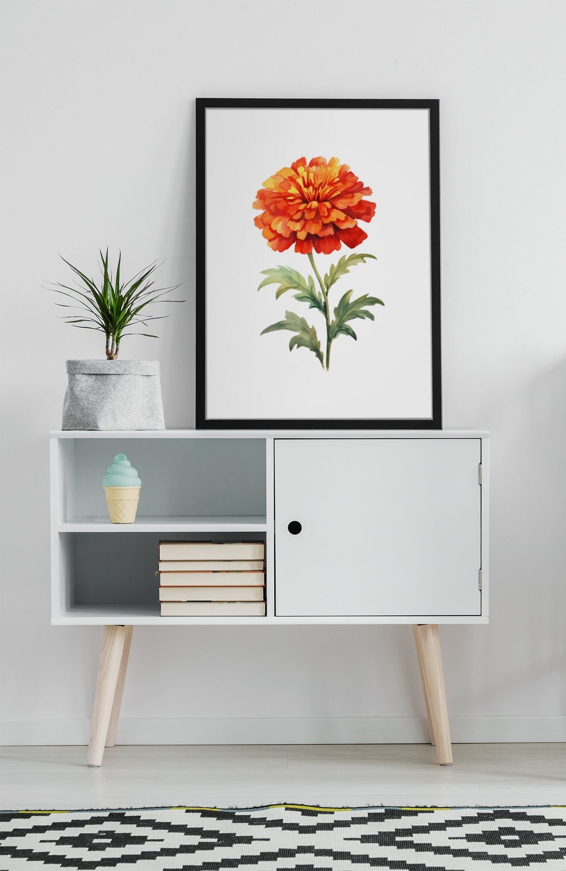 Bold Red Marigold Single Flower Watercolour Botanical Art Poster