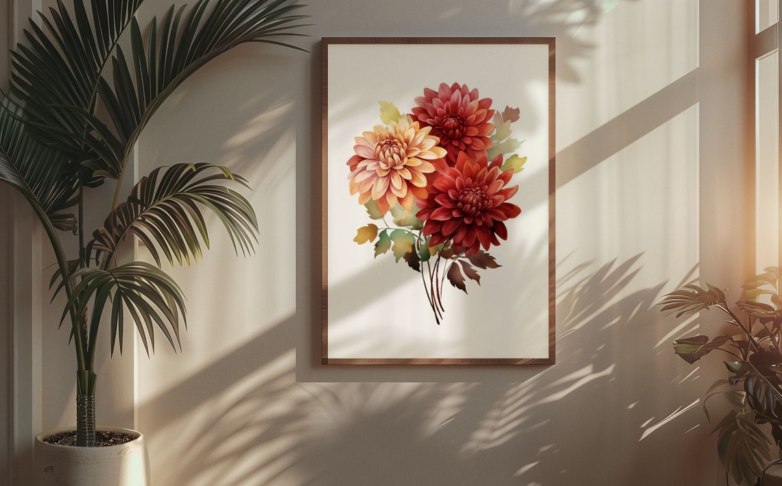 Warm Red Dahlia Autumn Bouquet Watercolour Botanical Flower Poster - Image 6