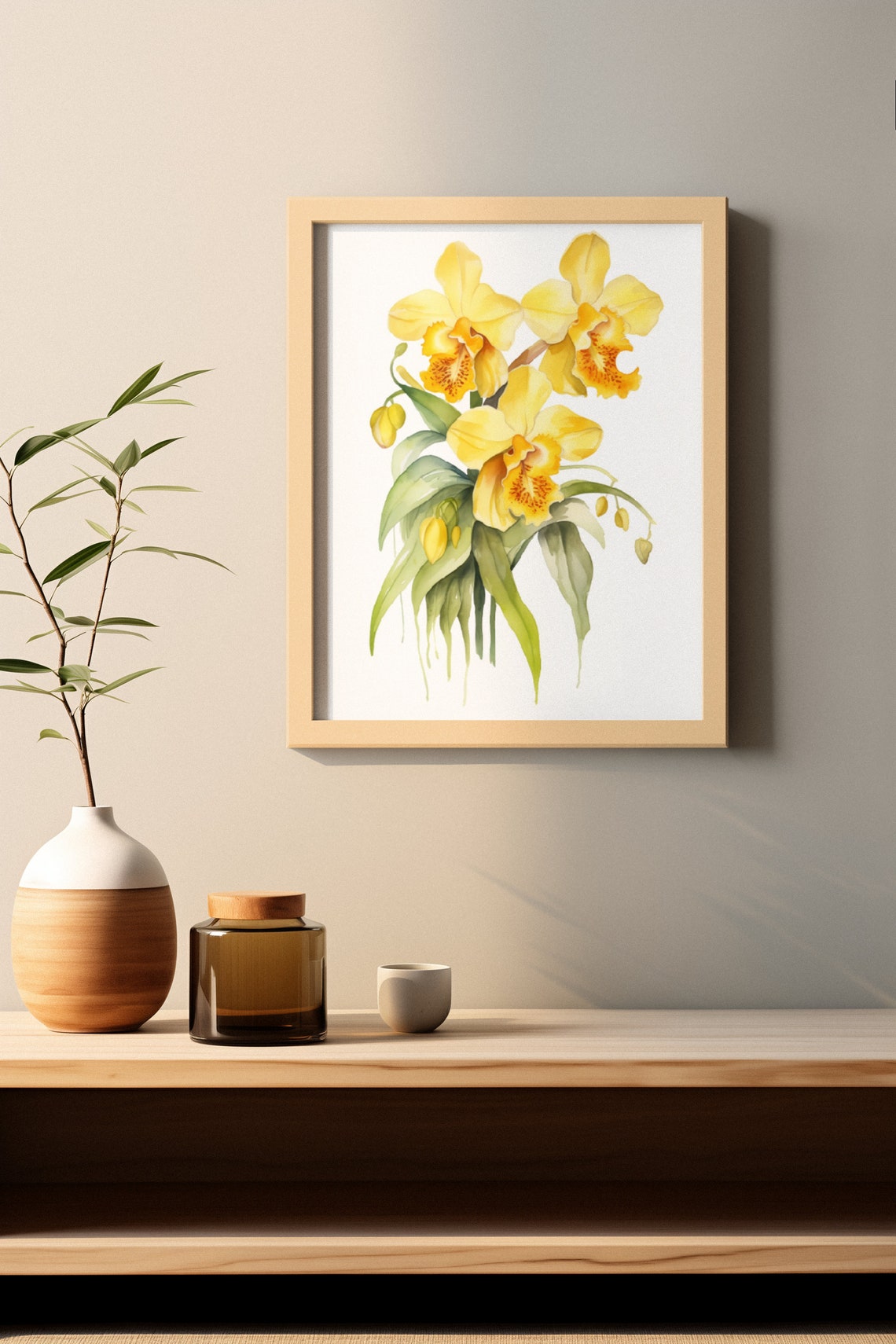Yellow Orchid Triple Bloom Watercolour Botanical Flower Poster - Image 4