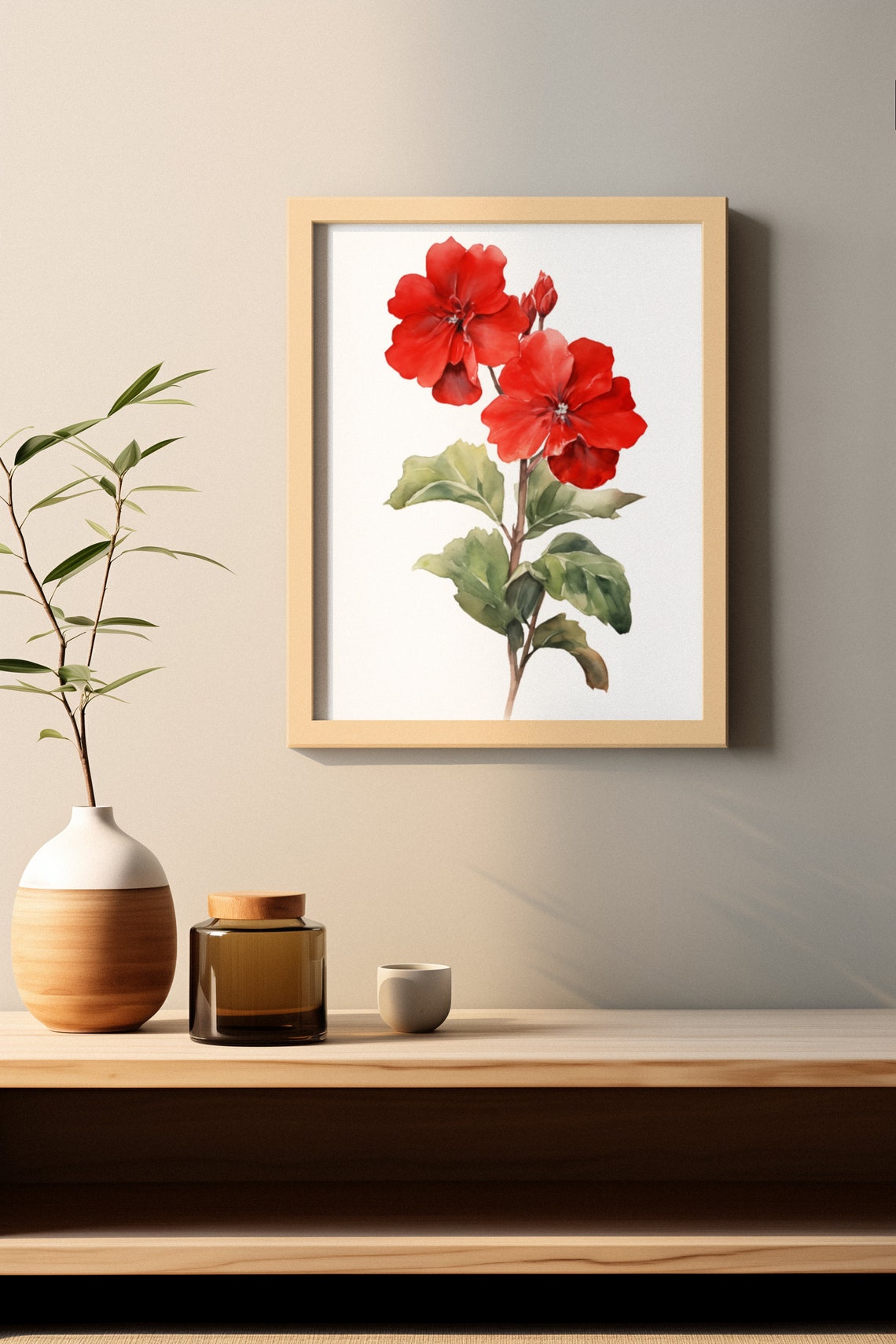 Red Primrose Twin Blooms Watercolour Botanical Flower Poster - Image 2