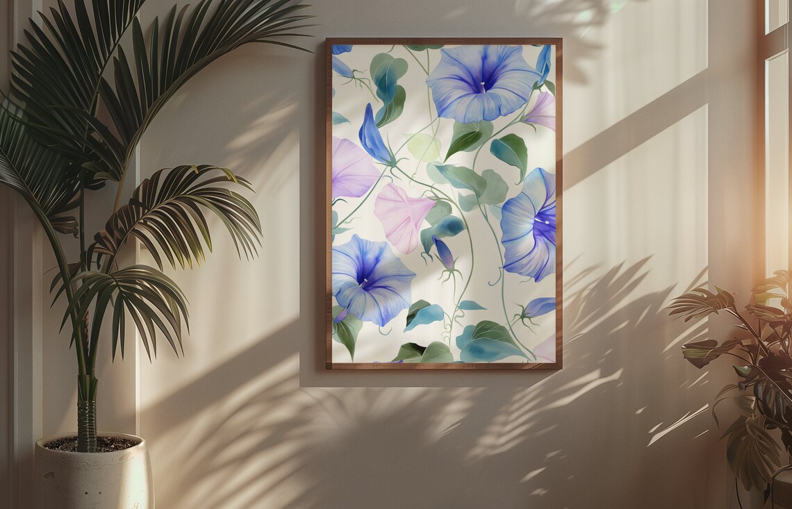 Blue Morning Glory Vines Delicate Watercolor Floral Botanical Poster - Image 4