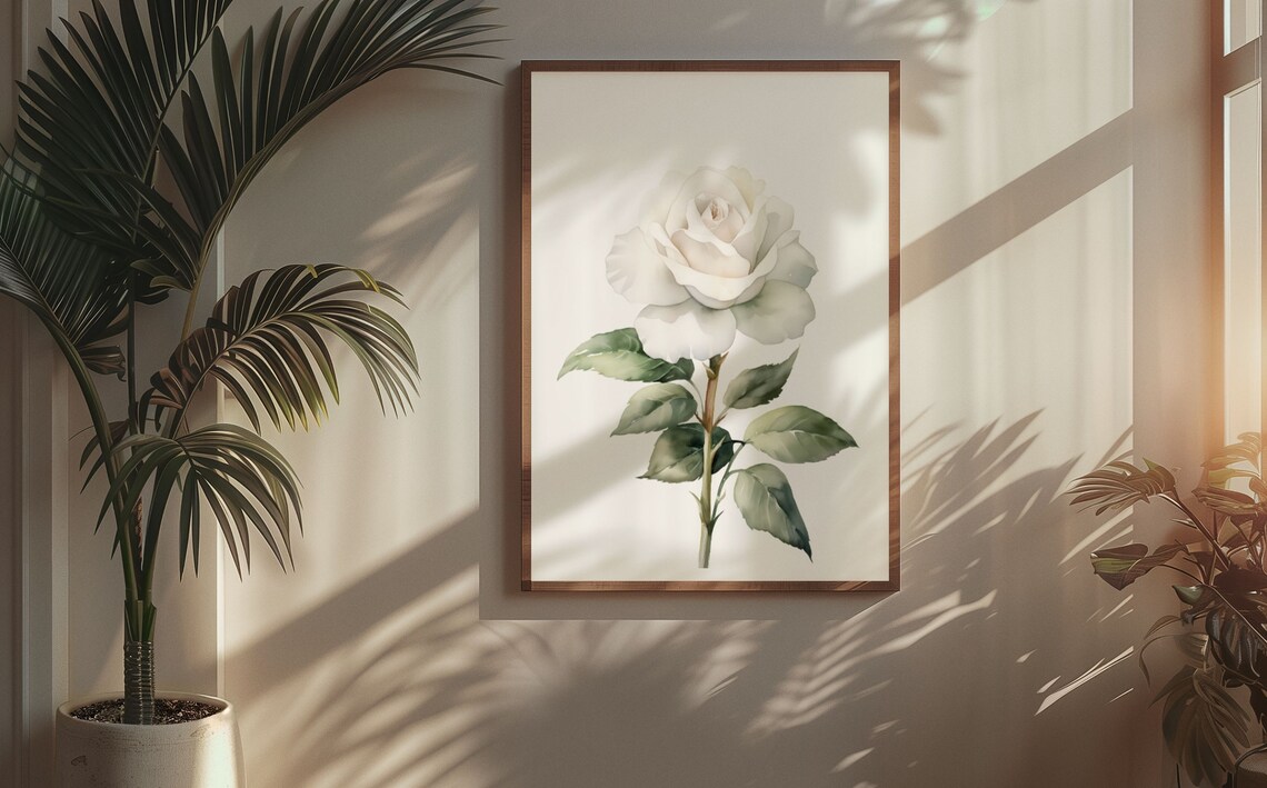 Single White Rose Timeless Watercolor Botanical Flower Art Poster - Image 6