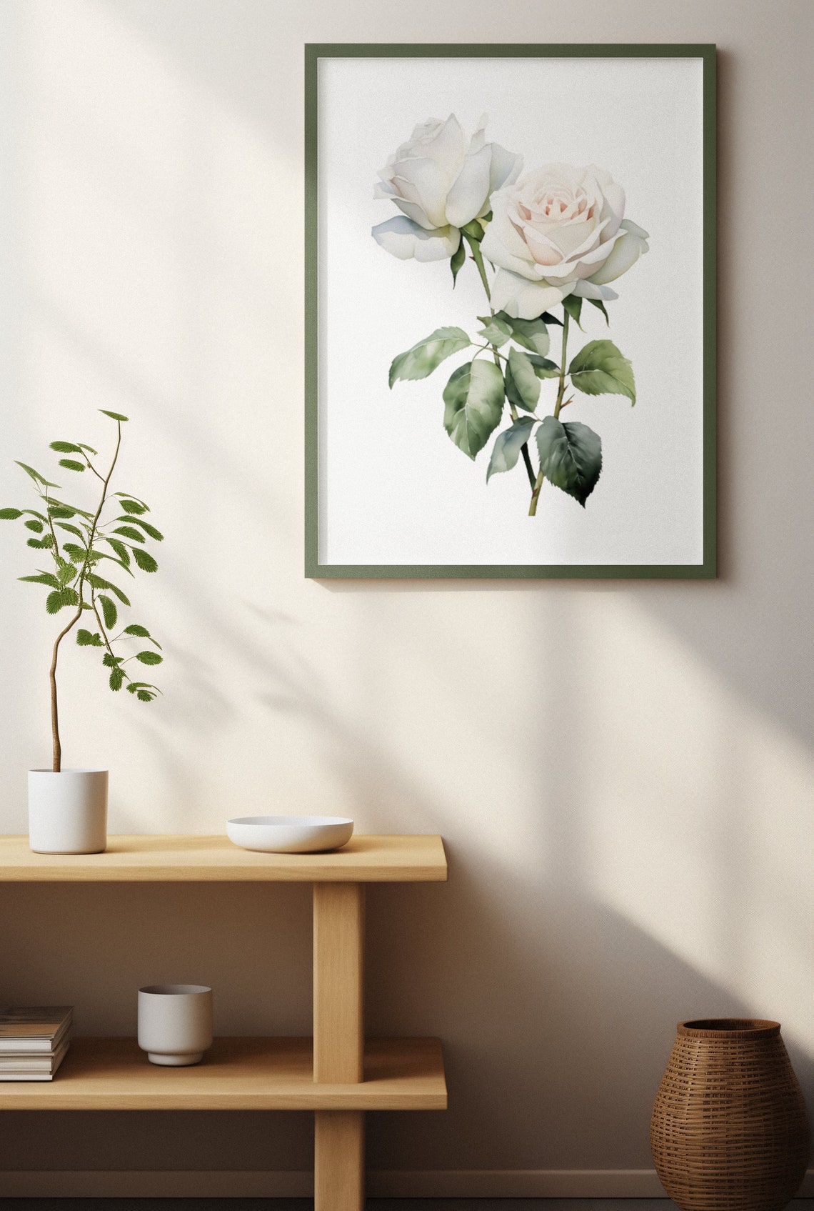 Two White Roses With Green Leaves Fresh Watercolor Art Poster - Image 4