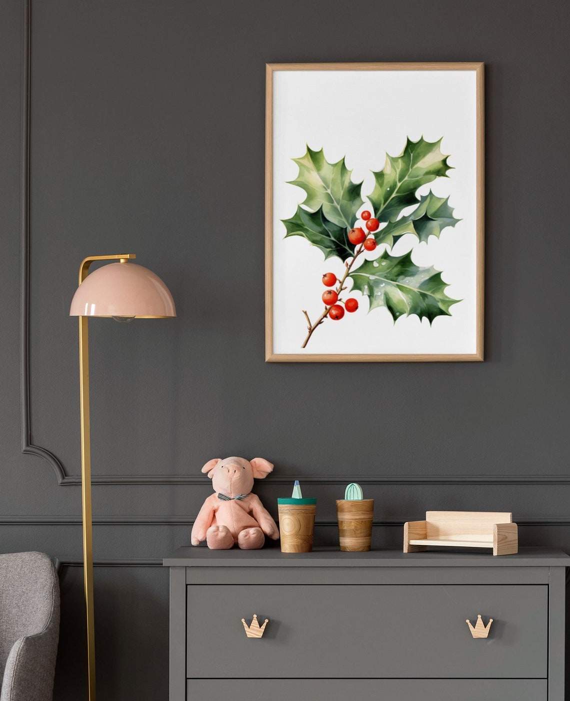 Holly Branch With Red Berries Classic Festive Watercolor Art Poster - Image 9