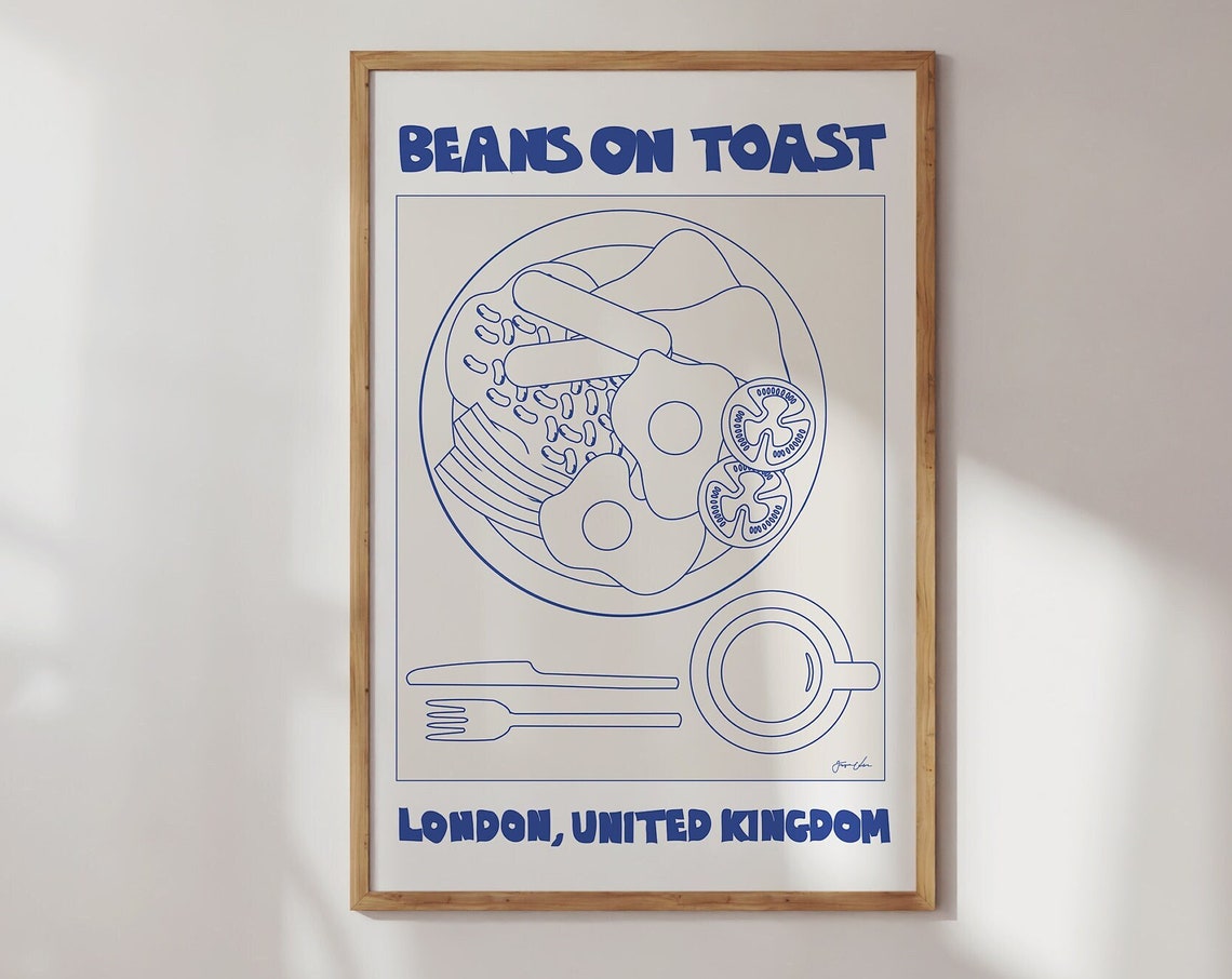 Beans on Toast London English Breakfast Blue Line Art Food Poster