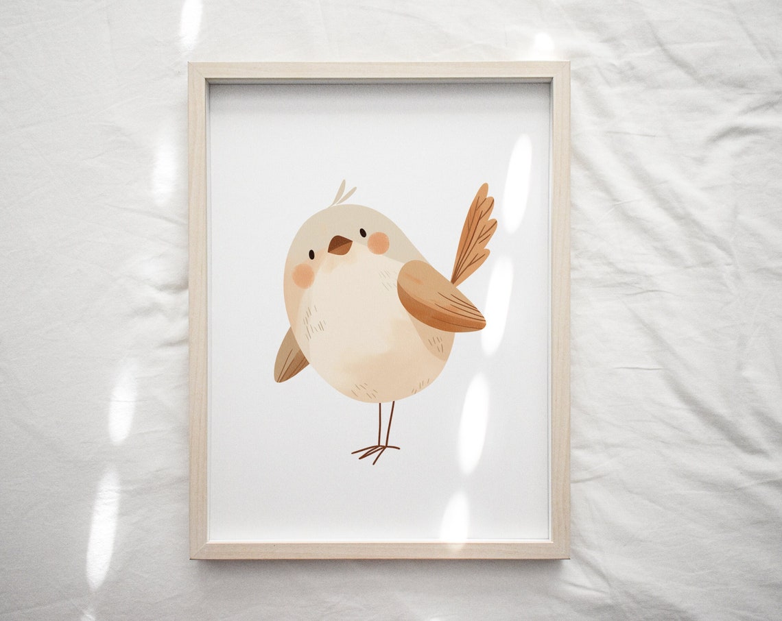 Chubby Beige Bird Minimal Illustration Soft Neutral Nursery Poster
