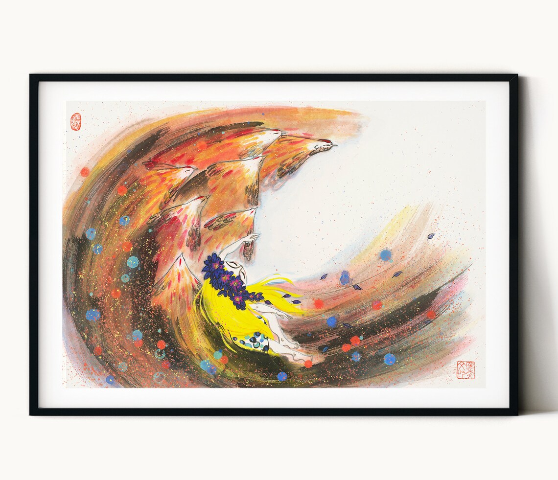 Girl and Birds in Sky, Chinese Painting Art Print - Image 2