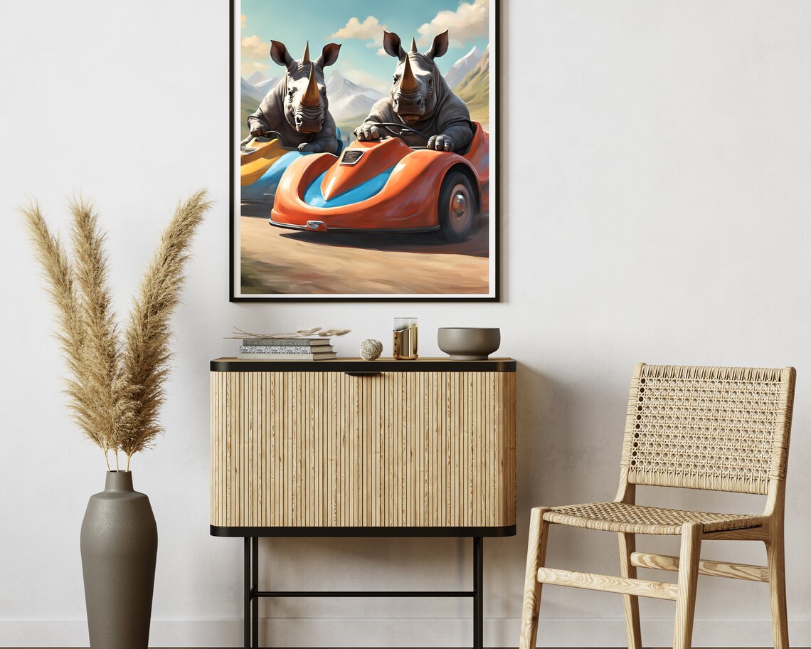 Funny Rhinos Racing Colorful Go-Karts Quirky Animal Art Poster - Image 2