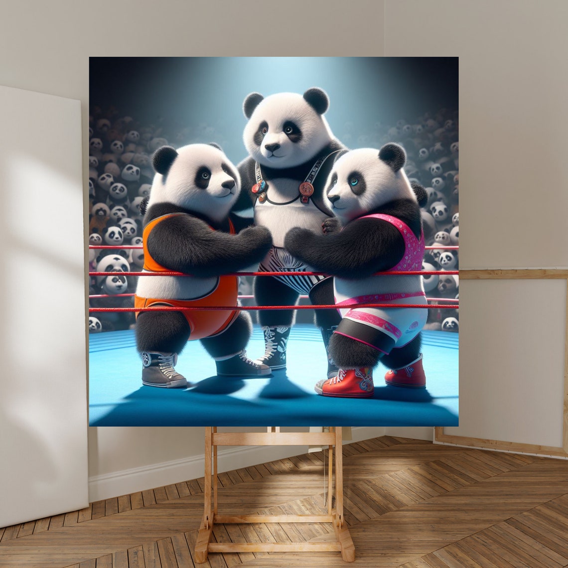 Panda Wrestlers Face Off In A Boxing Ring With A Crowd Poster