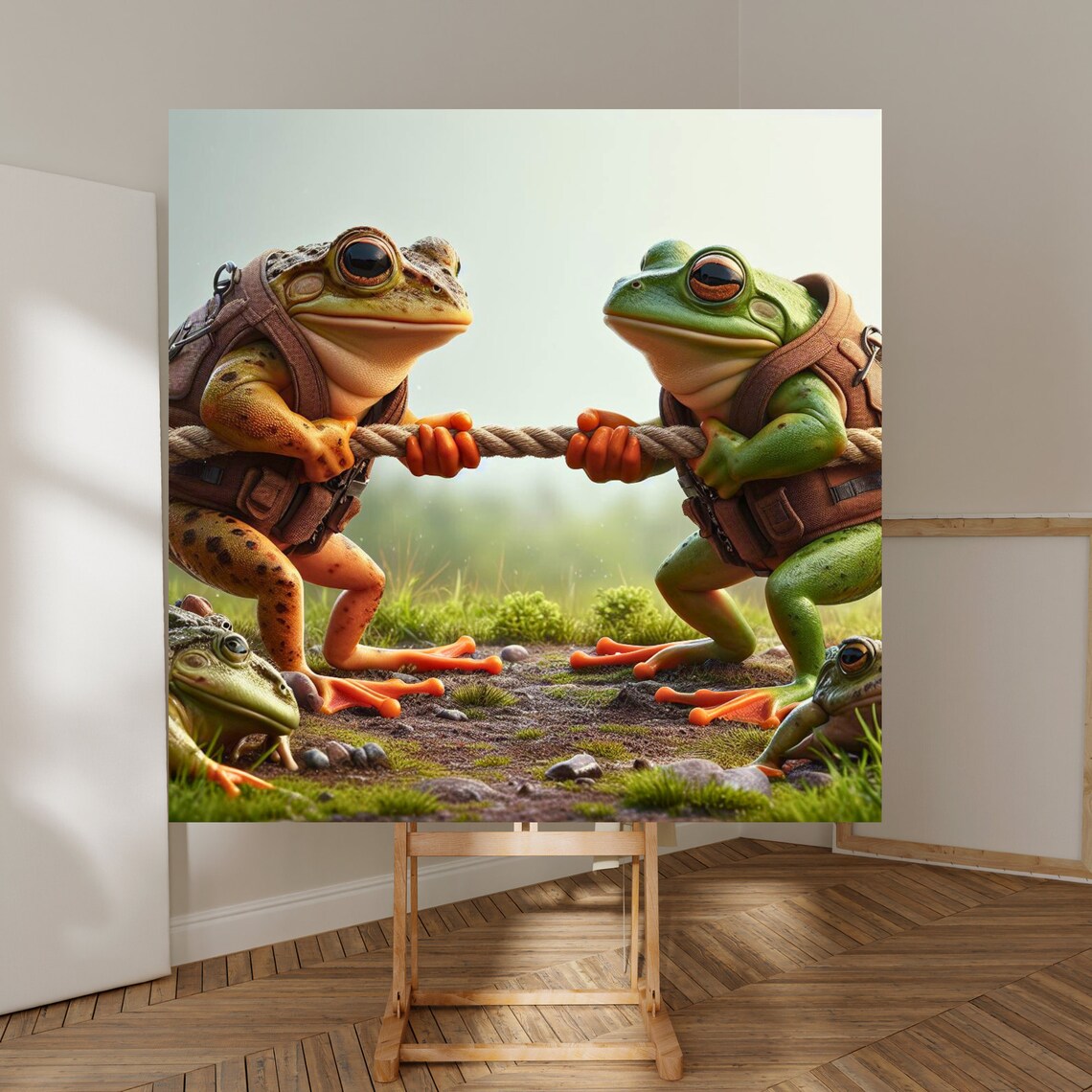 Two Determined Frogs In A Tug Of War Contest Animal Artwork Poster