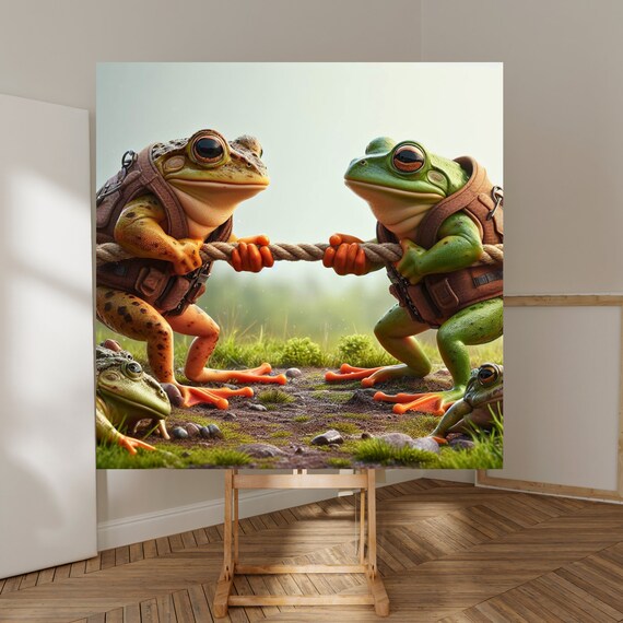 Two Determined Frogs In A Tug Of War Contest Animal Artwork Poster