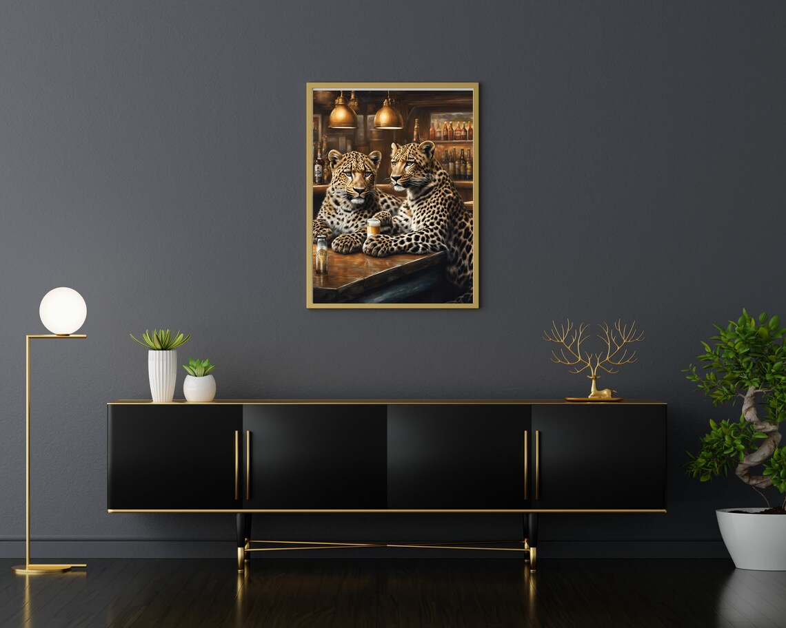 Leopards Drinking, Cute Quirky Animal Art Print - Image 3