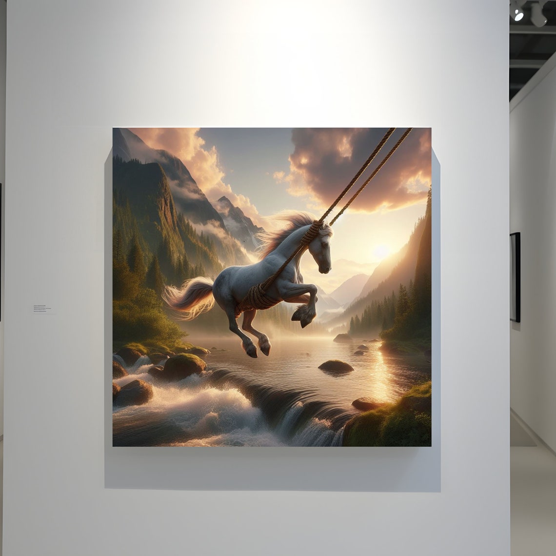 Whimsical White Horse on a Rope Swing Over a River Waterfall Poster - Image 3