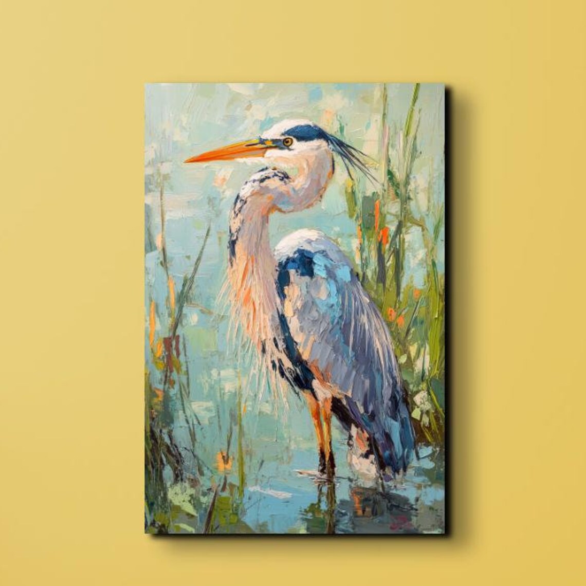 Blue Heron Oil Painting Art Print, Nature Study