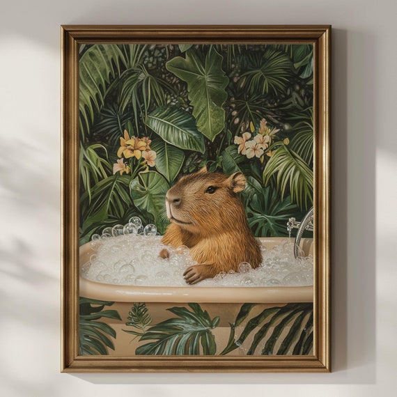 Capybara Bathroom Wall Art Funny Capybara In Bathtub Houseplants Botanical Painting Wall Decor Animal Lover Gift