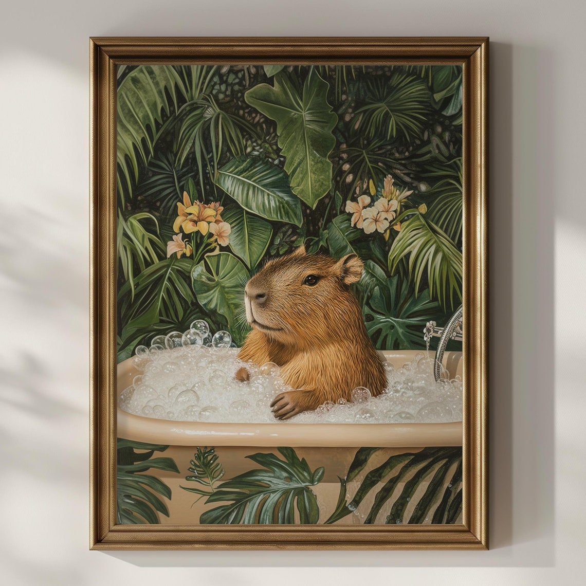 Capybara Bubble Bath Jungle Tropical Funny Bathroom Vintage Poster