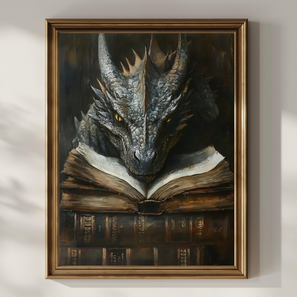 Book Dragon Poster Print, Dark Academia Fantasy Art