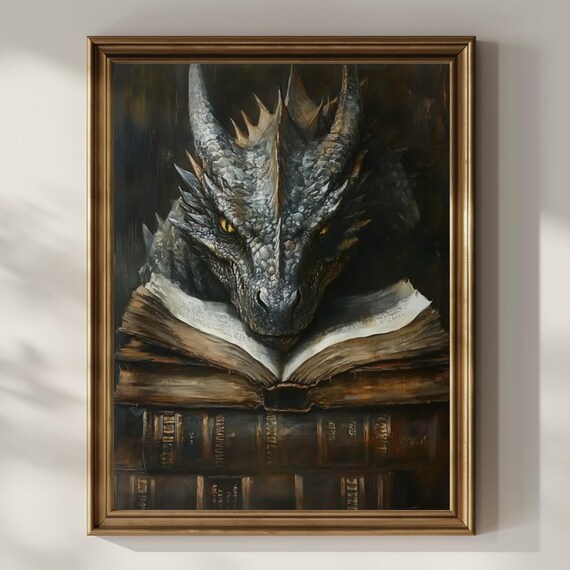 Book Dragon Poster Print, Dark Academia Fantasy Art