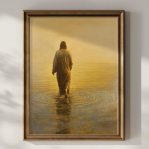 Jesus Walking on Shimmering Golden Water at Sunrise Faith Art Poster