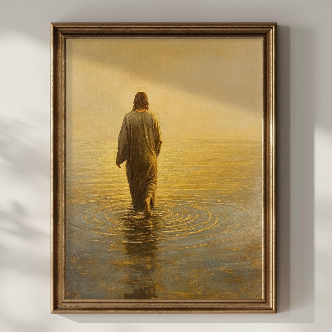 Jesus Walking on Shimmering Golden Water at Sunrise Faith Art Poster