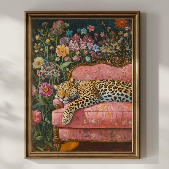 Leopard Napping on a Pink Sofa in a Wildflower Garden Poster