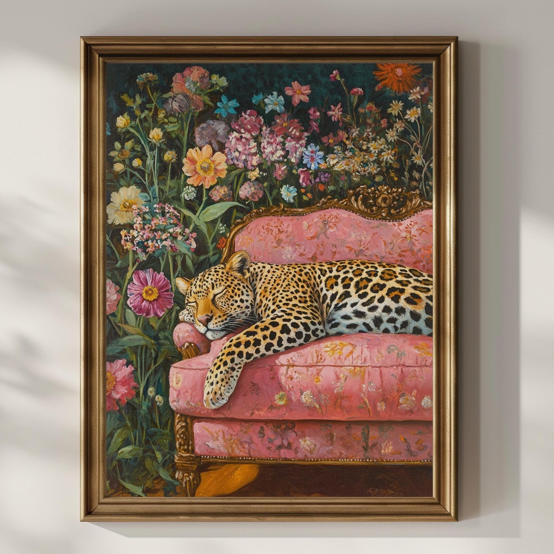 Leopard Napping on a Pink Sofa in a Wildflower Garden Poster