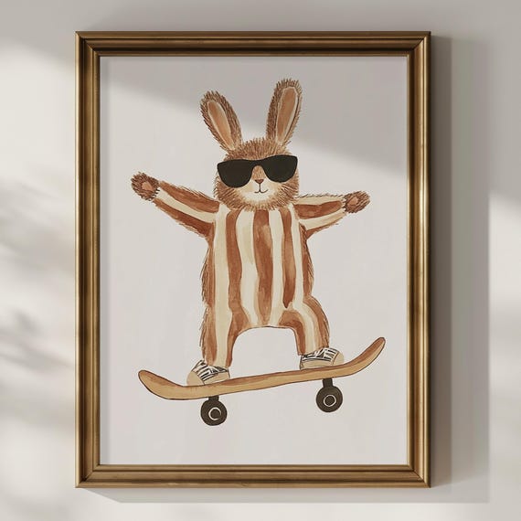 Bunny Skateboard Vintage Nursery Poster Print