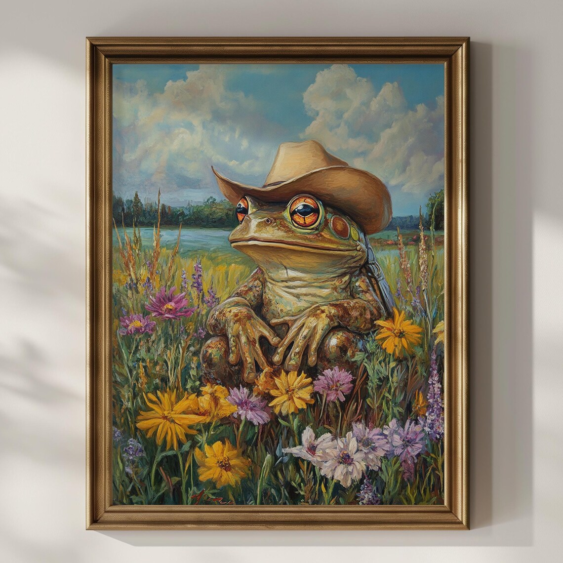 Cowboy Toad Resting among Wildflowers by the Lake Funny Art Poster