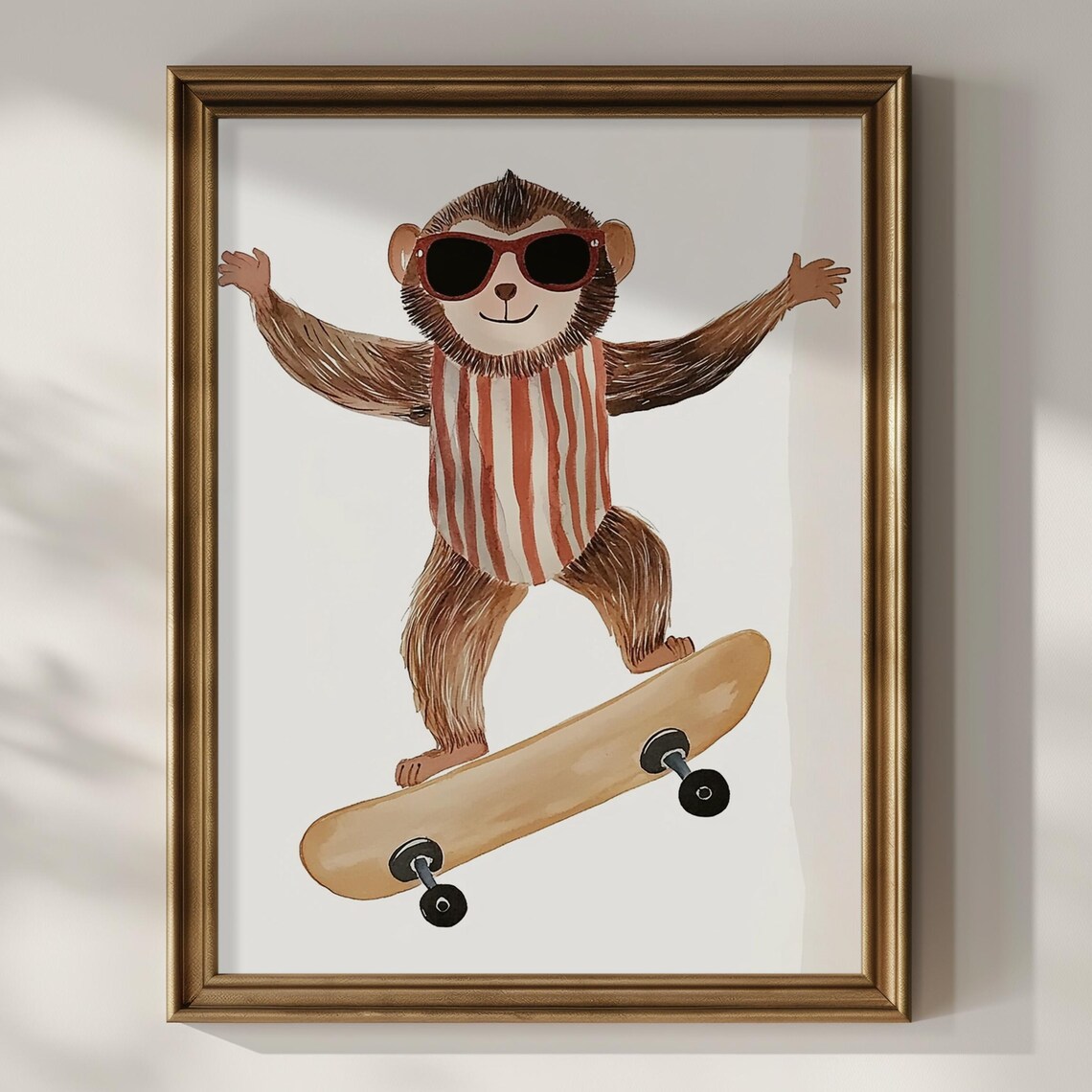 Playful Monkey Skater With Red Sunglasses Kids Nursery Wall Art Poster