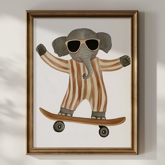Baby Elephant Skater With Sunglasses Safari Kids Nursery Art Poster