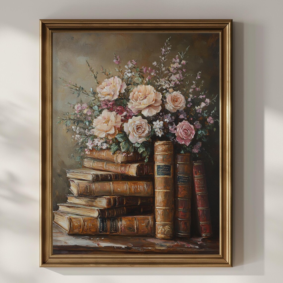 Stack of Antique Books with Roses Dark Academia Still Life Poster