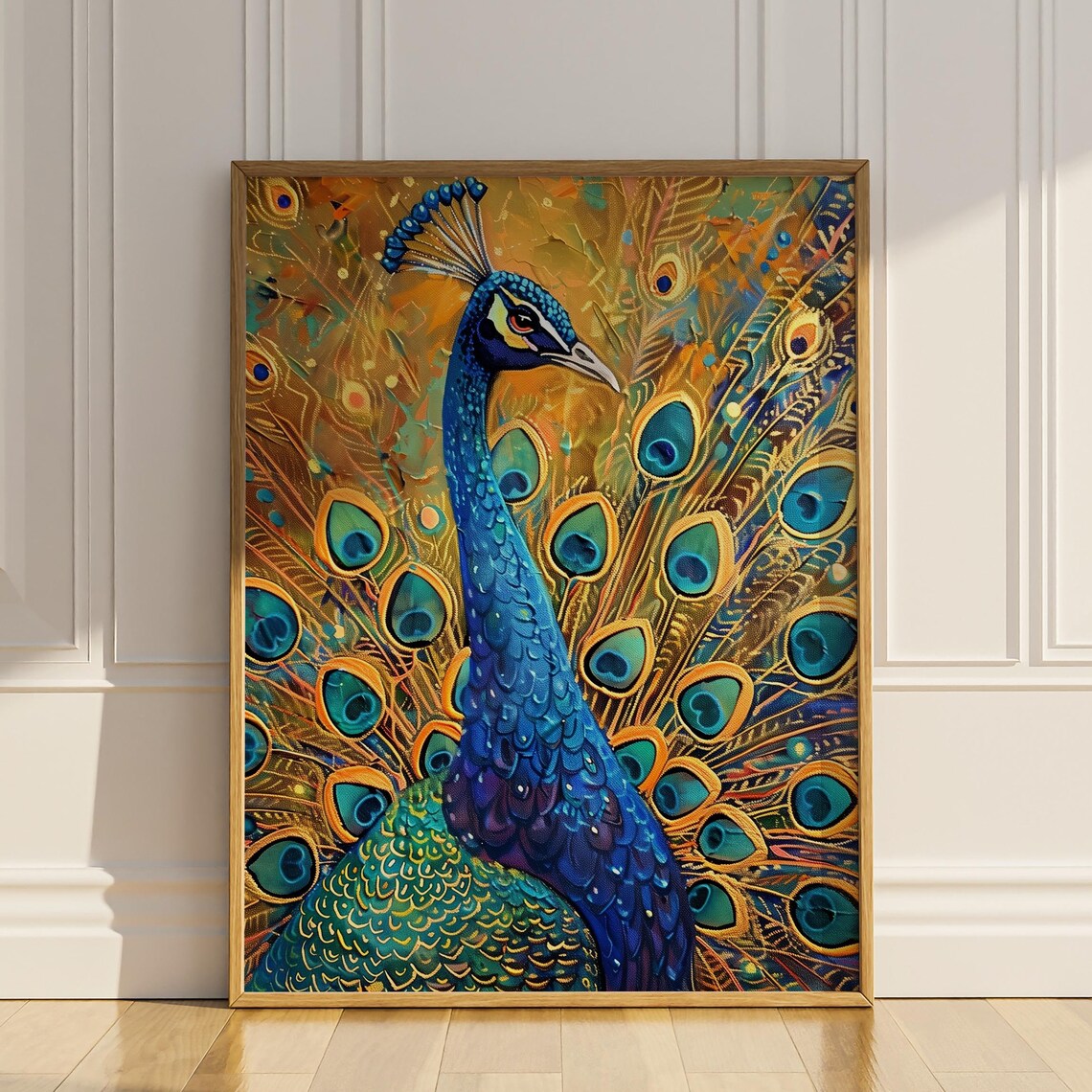 Blue Peacock Portrait with Golden Feather Details Colorful Art Poster